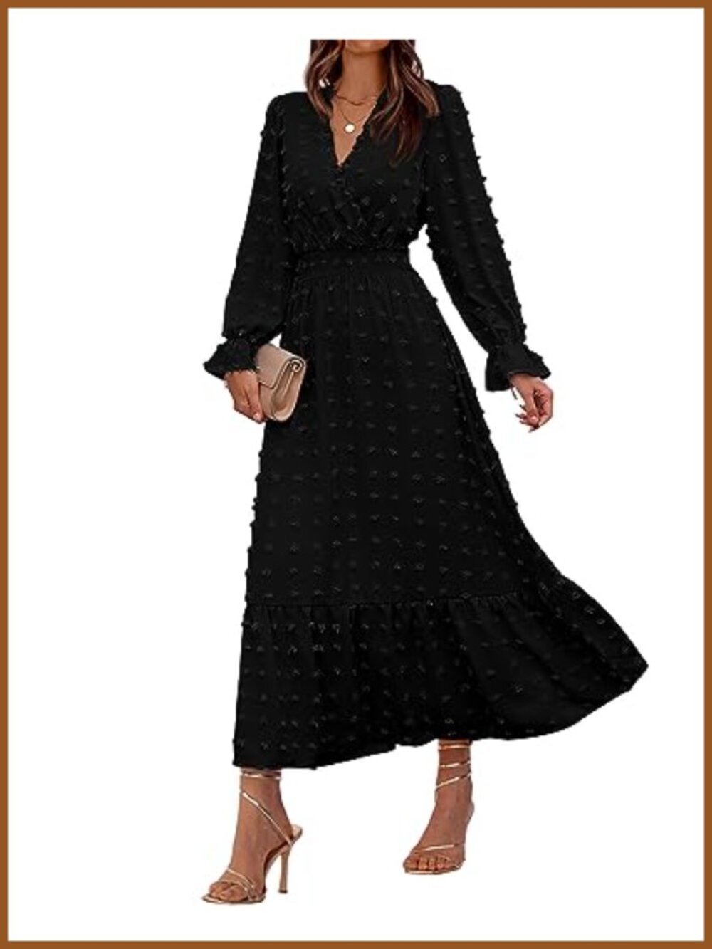 Swiss Dot Ruffle Hem V Neck Long Sleeve Maxi Dress Wedding Guest Fall